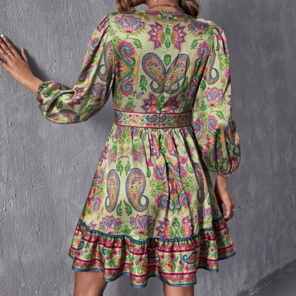 Boho floral paisley print lantern sleeve ruffle hem dress - Picture 5 of 7